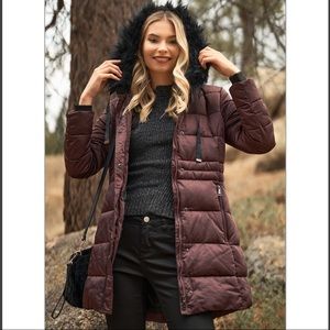 Wine Long-Fitted Glossy Faux Fur Hood Jacket